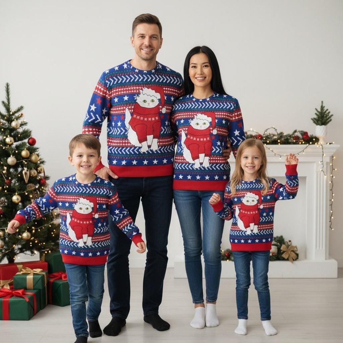 Santa Cat Blue Family Matching Ugly Christmas Sweater Cute Kitty Holiday Knit Jumper