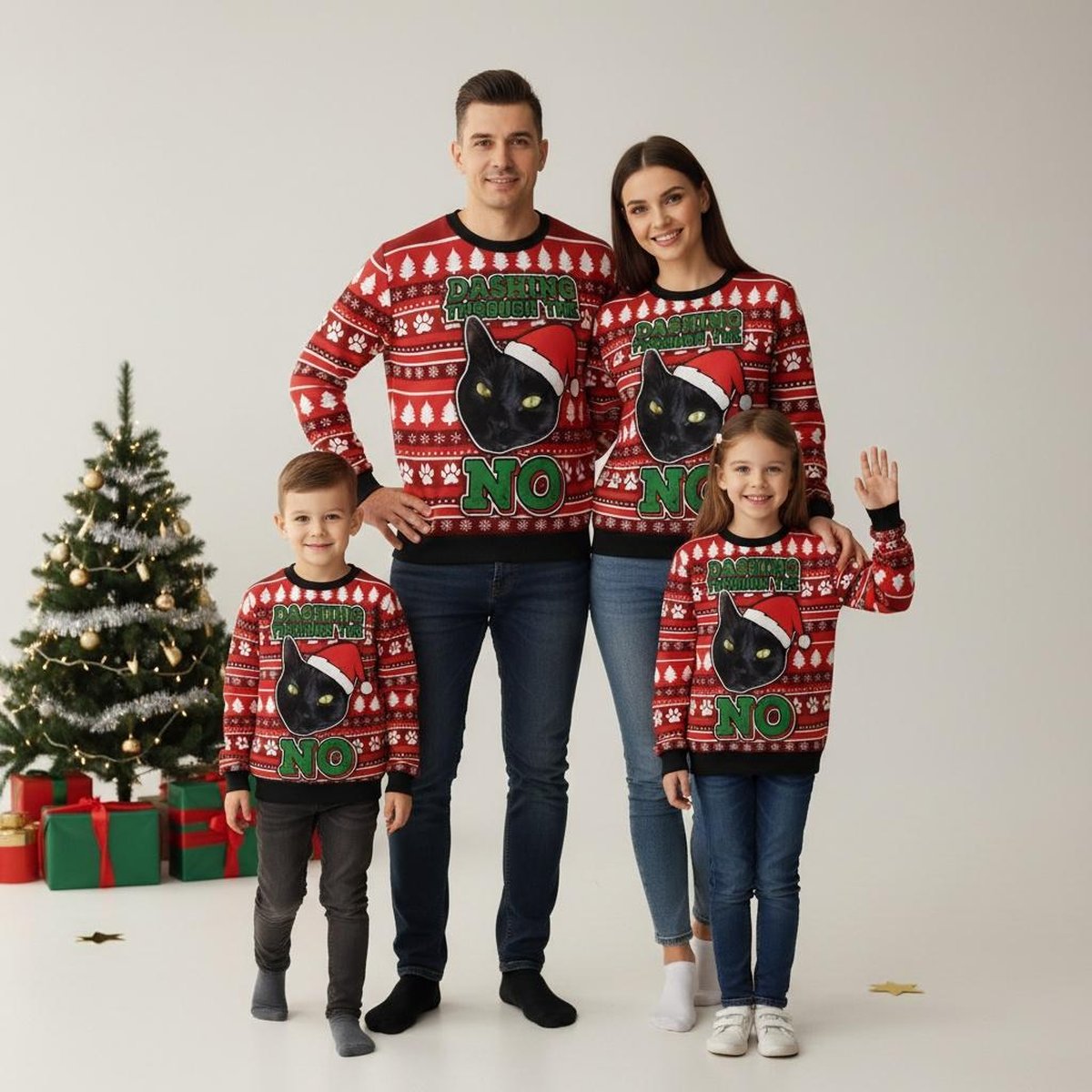 Black Cat Dashing Through The No Red Ugly Christmas Sweater Holiday Knit Gift