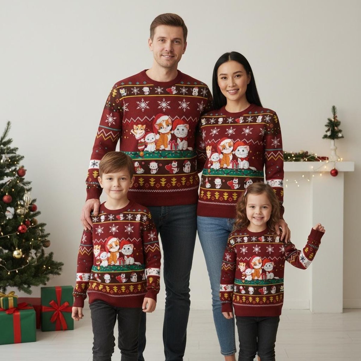 Cute Cats Red Pattern Ugly Christmas Sweater Holiday Knit Gift