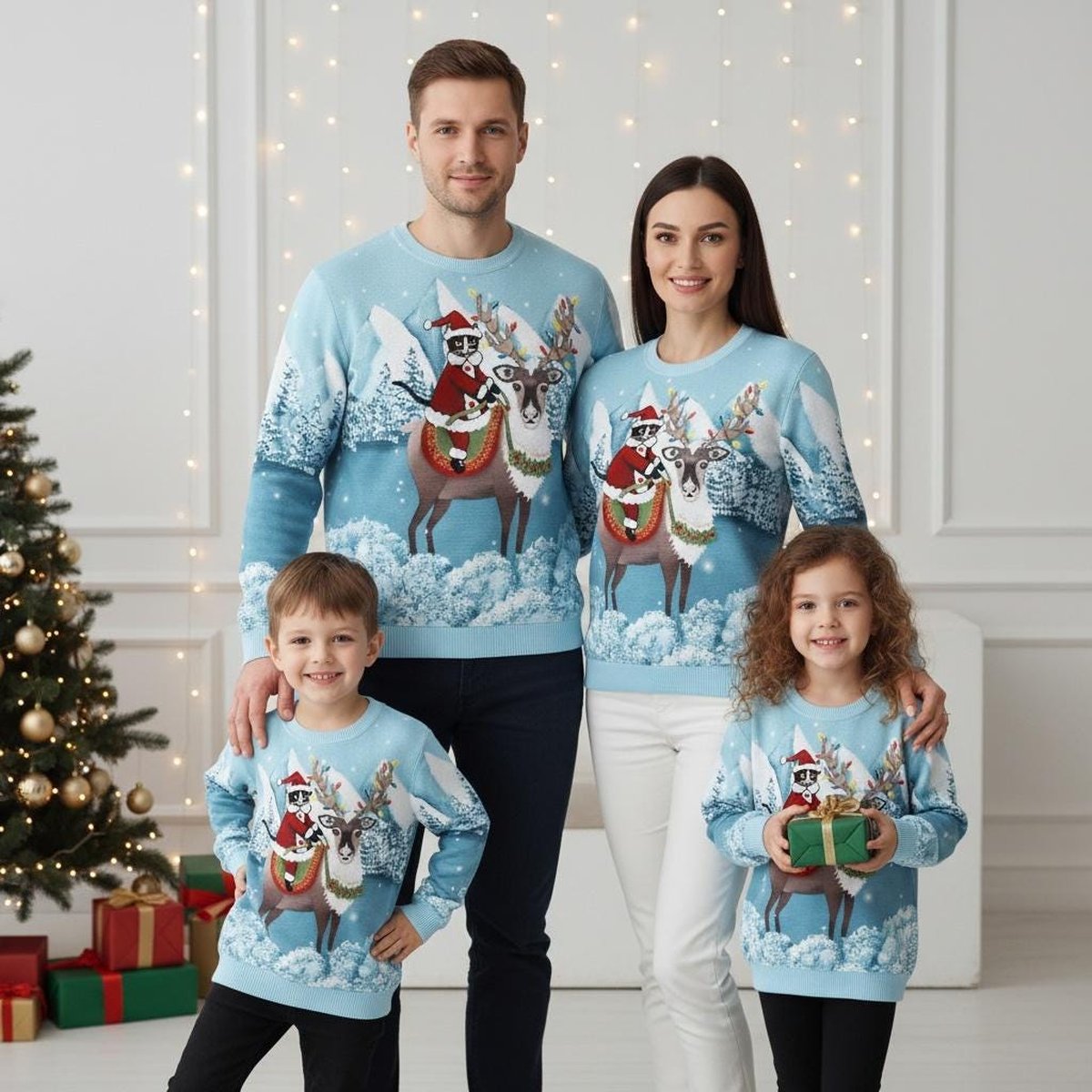 Santa Riding Reindeer Blue Family Matching Ugly Christmas Sweater Funny Christmas Animal Knit Jumper