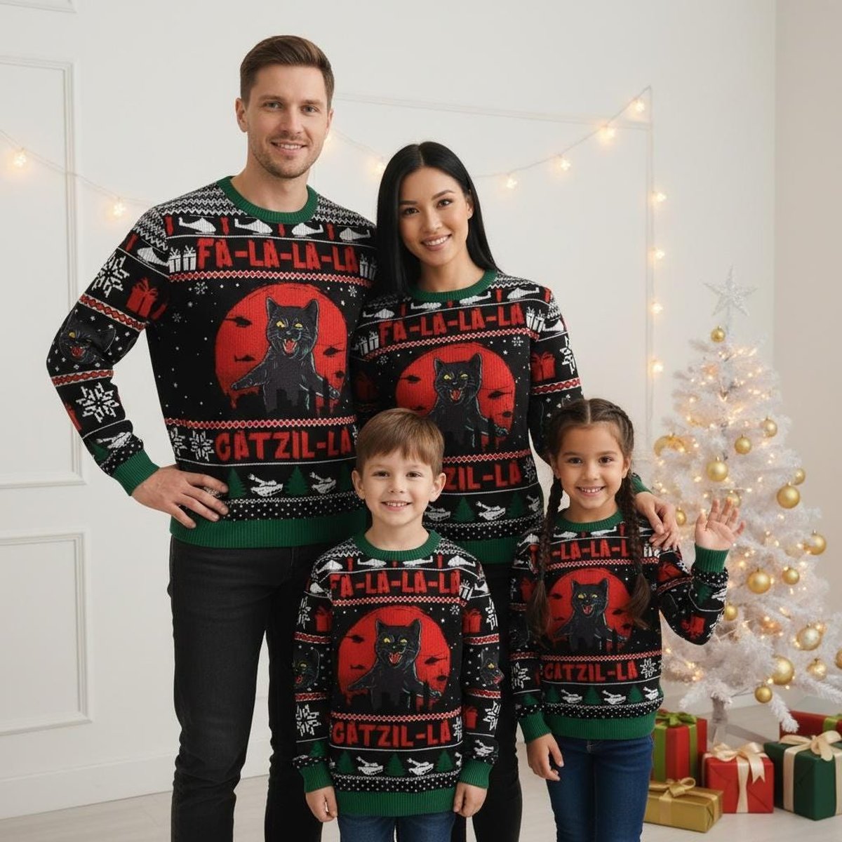 Black Cat Fa-La-La-La Gatzilla Funny Ugly Christmas Sweater Holiday Knit Gift