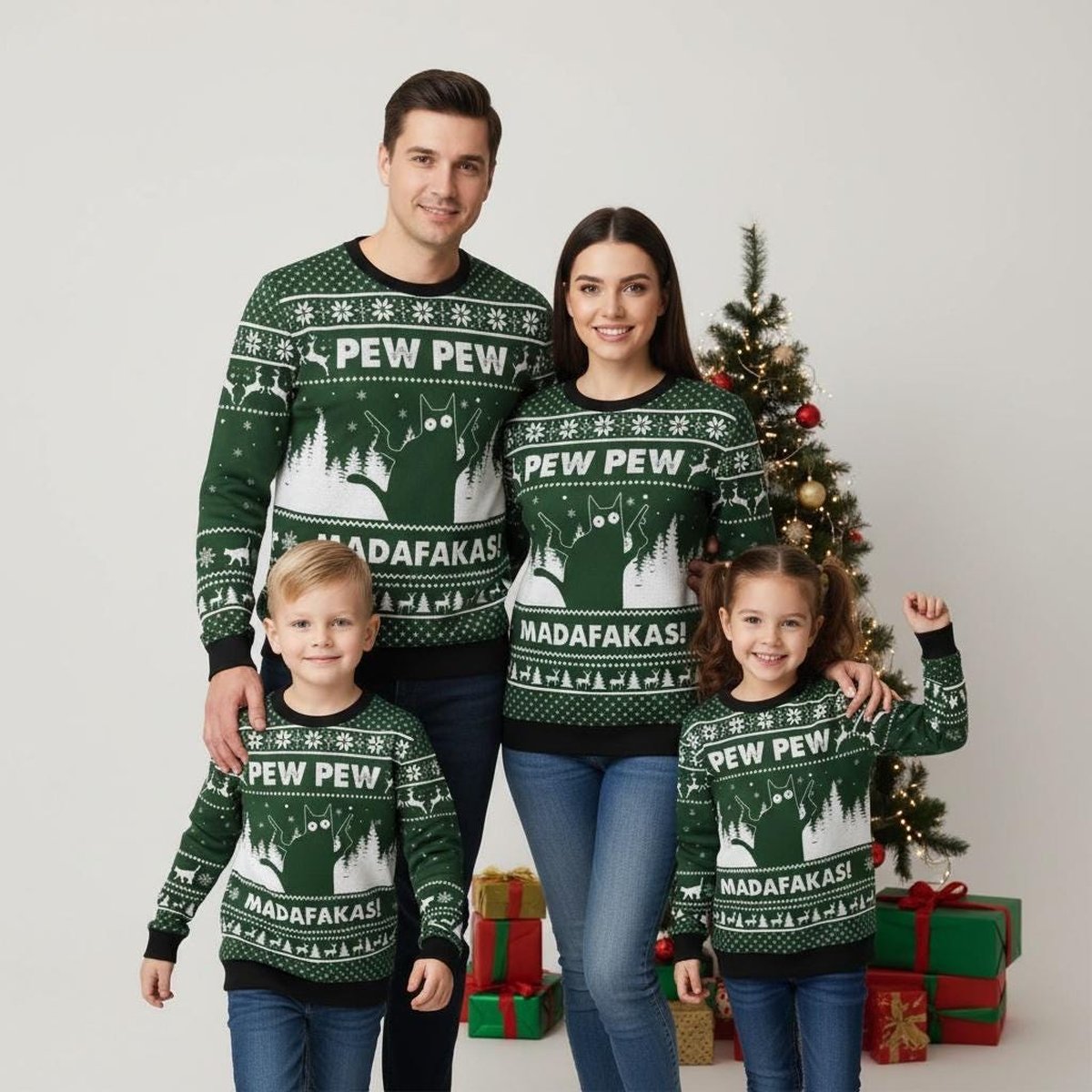 Cat Pew Pew Funny Green Ugly Christmas Sweater Holiday Knit Gift