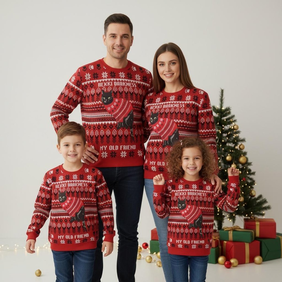 Black Cat Hello Darkness Red Ugly Christmas Sweater Holiday Knit Gift