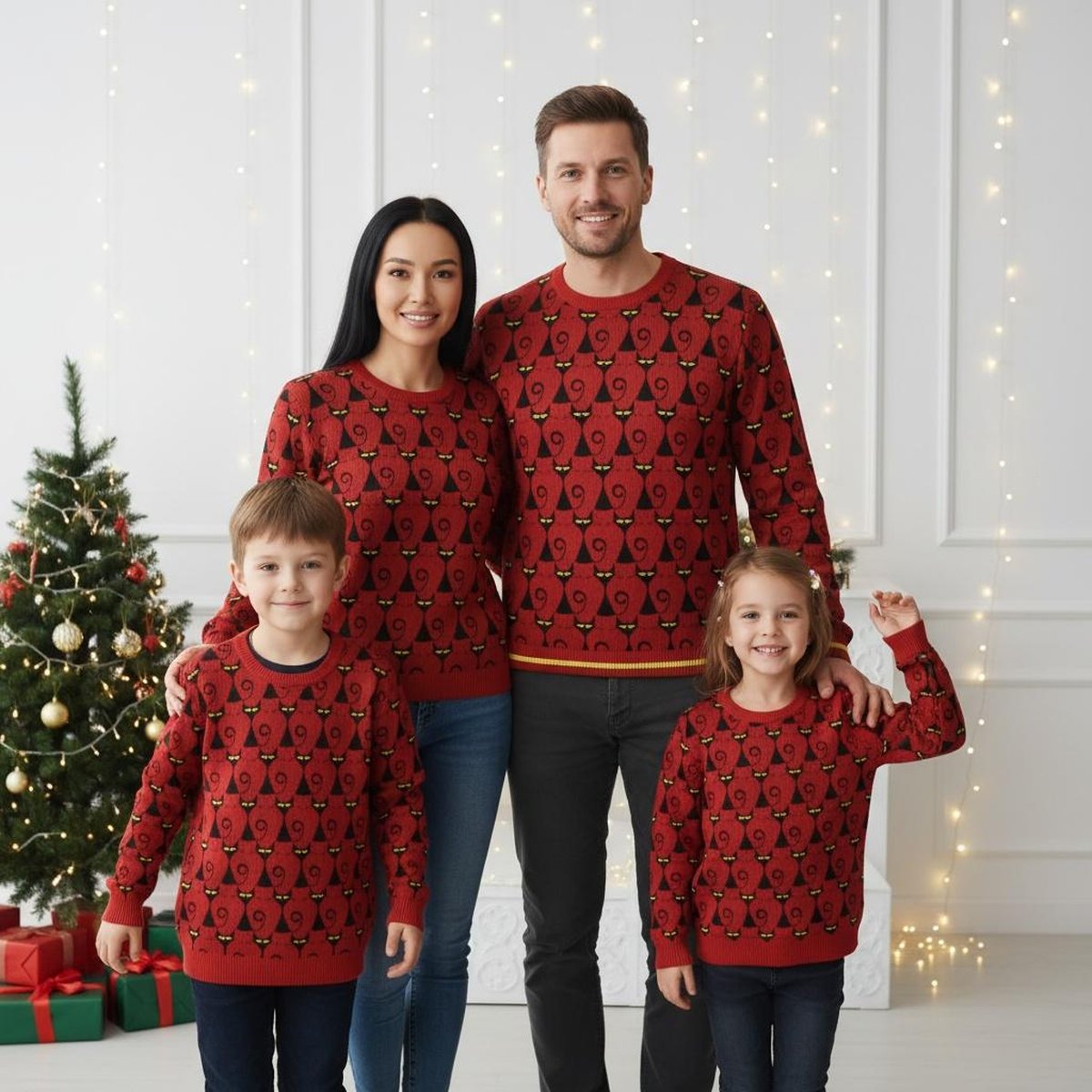 Black Cat Pattern Red Ugly Christmas Sweater Holiday Knit Gift