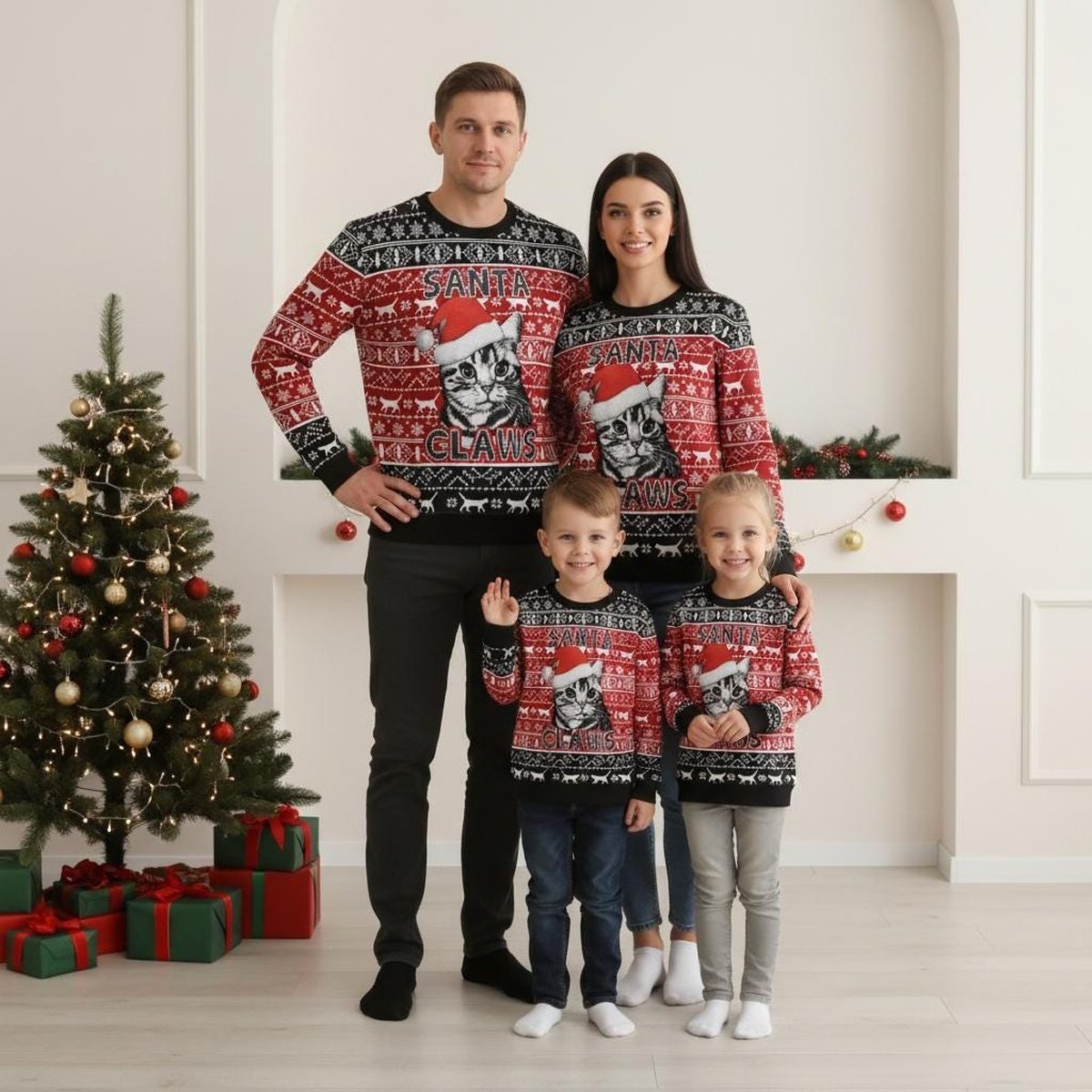 Santa Claws Cat Family Matching Ugly Christmas Sweater Funny Red Knit Jumper