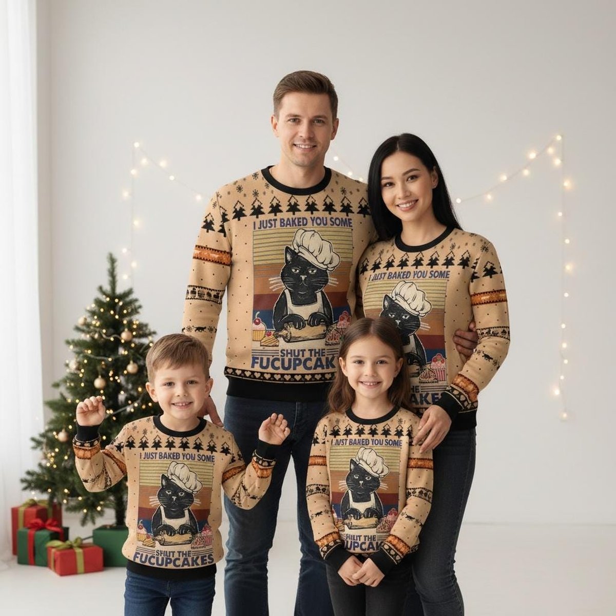 Funny Black Cat Shut The Cupcakes Family Matching Ugly Christmas Sweater