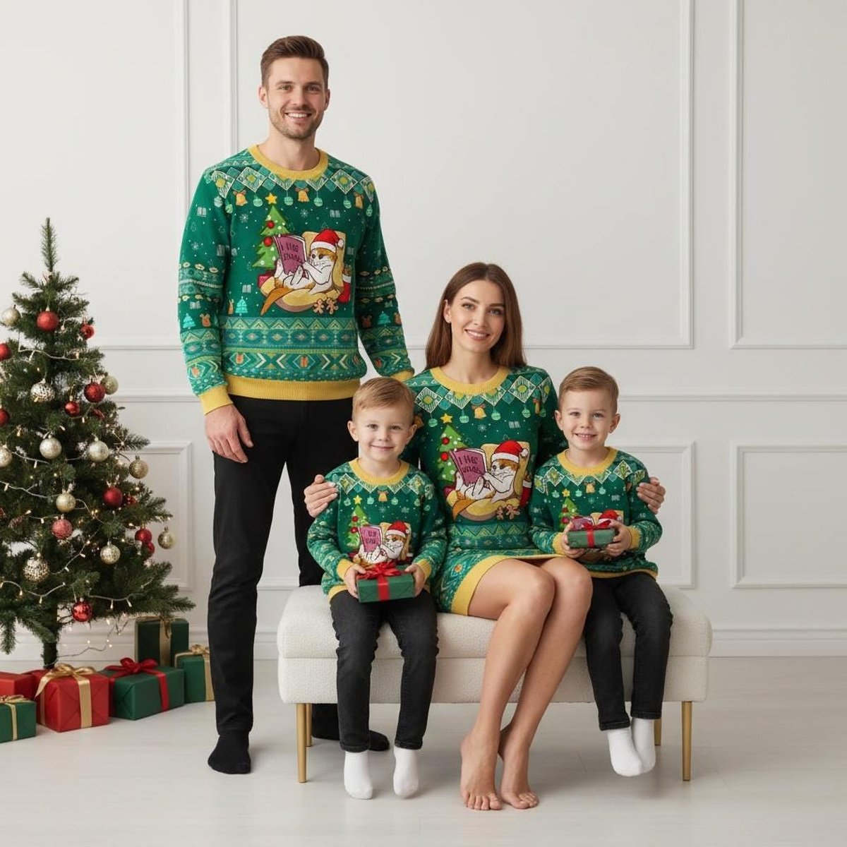 Book Lover Cat Christmas Green Ugly Sweater Cozy Reading Holiday Knit Jumper