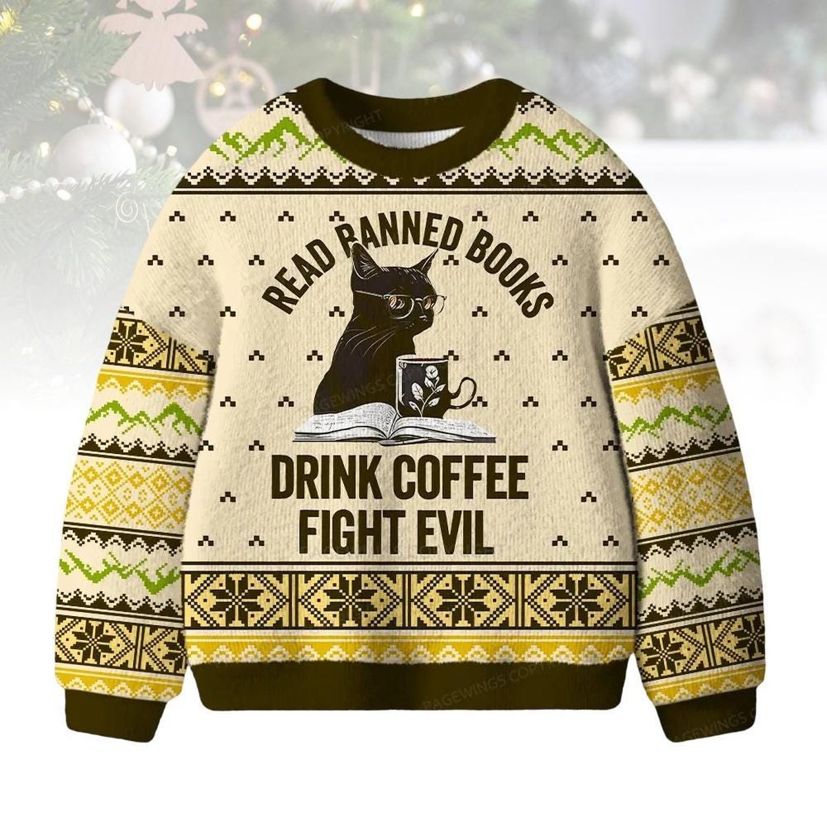 Coffee Cat Christmas Beige Ugly Sweater Read Banned Books Fight Evil Holiday Knit Jumper