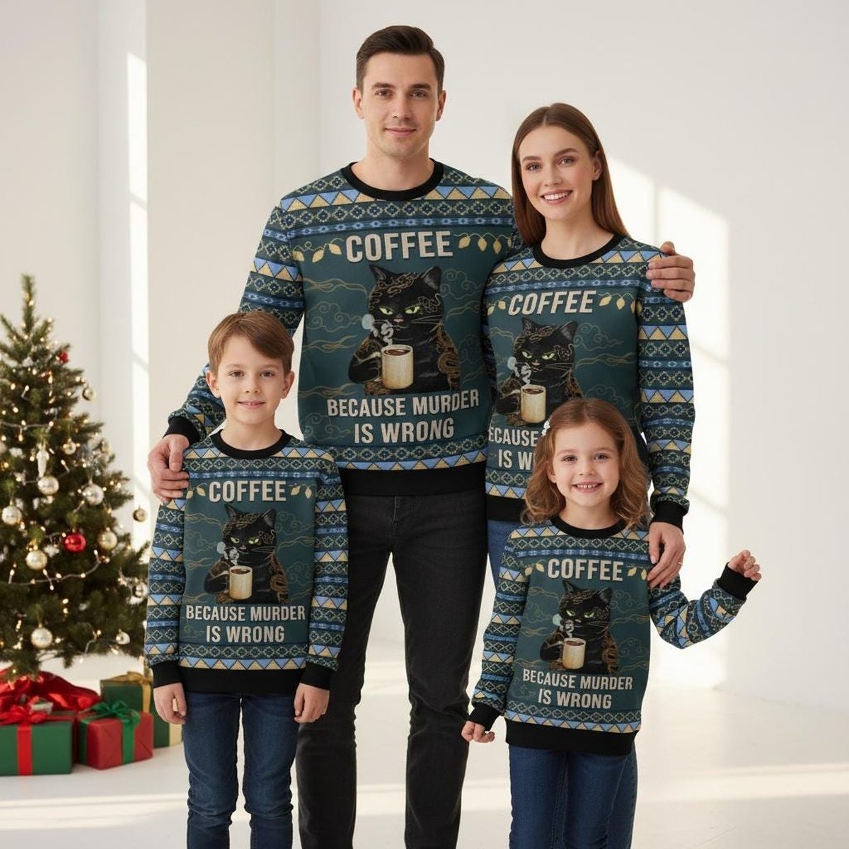 Coffee Because Murder Is Wrong Cat Ugly Christmas Sweater Funny Black Jumper