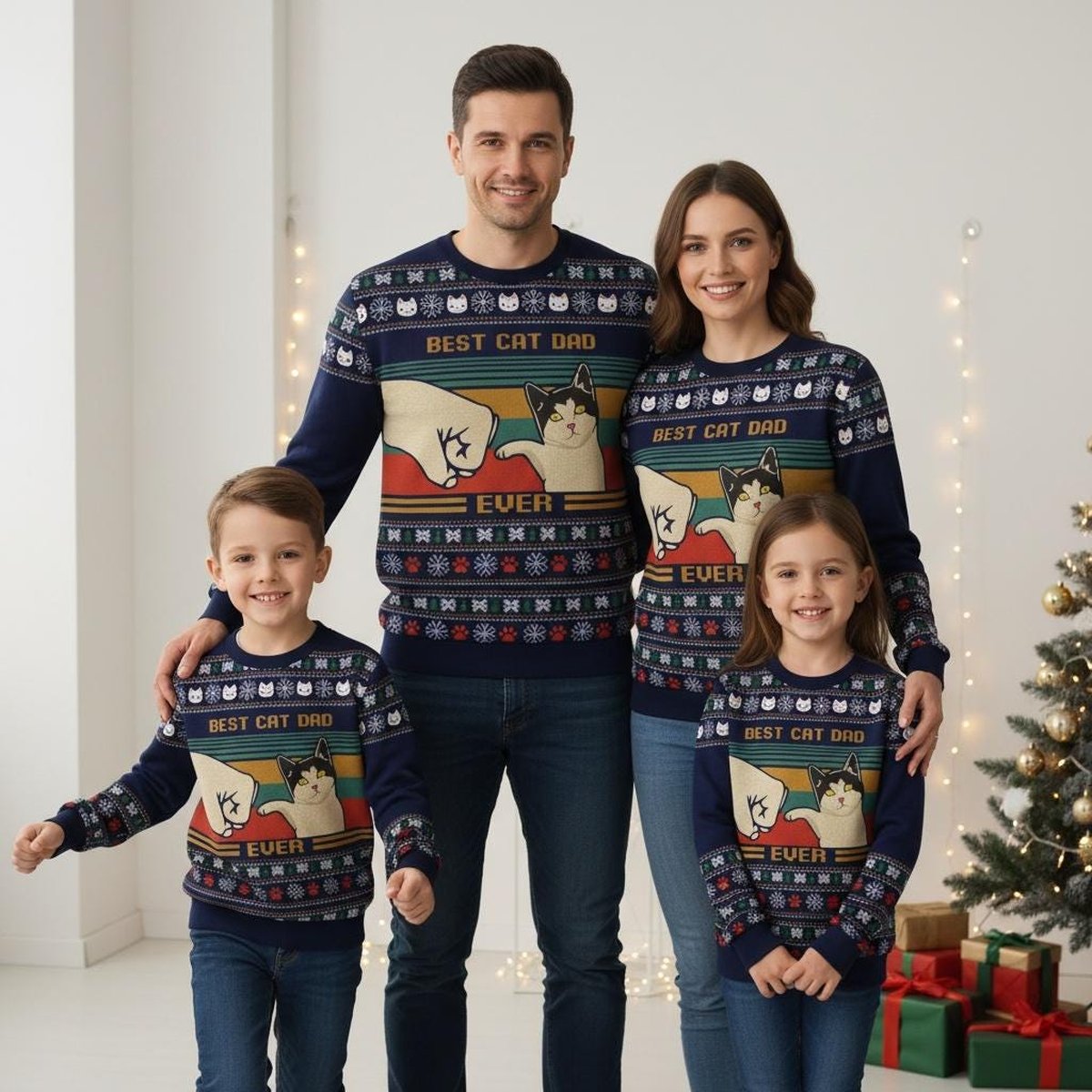 Best Cat Dad Ever Ugly Christmas Sweater Funny Cat Lovers Gift Blue Jumper