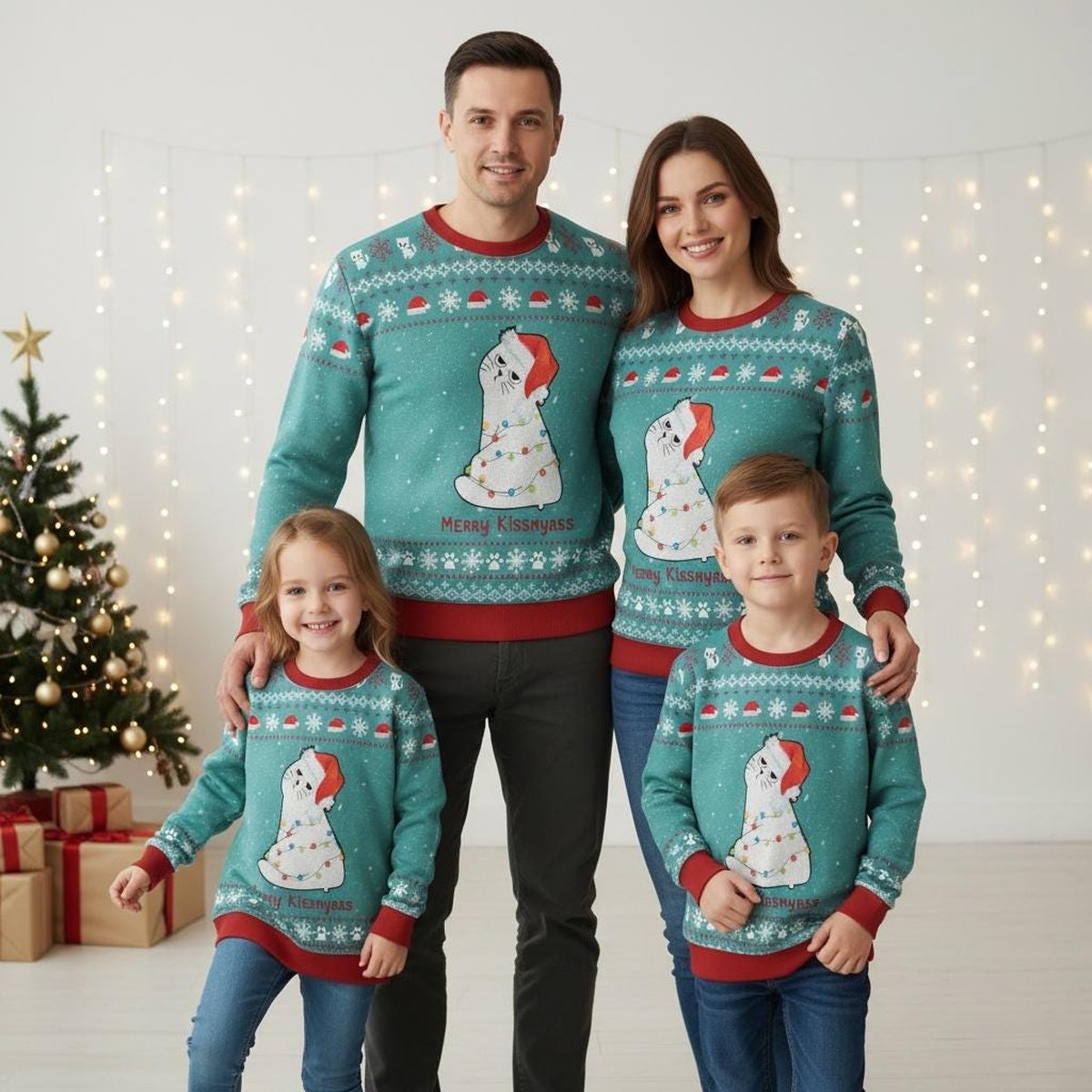 Merry Kissmyass Funny Cat Ugly Christmas Sweater Green Holiday Jumper