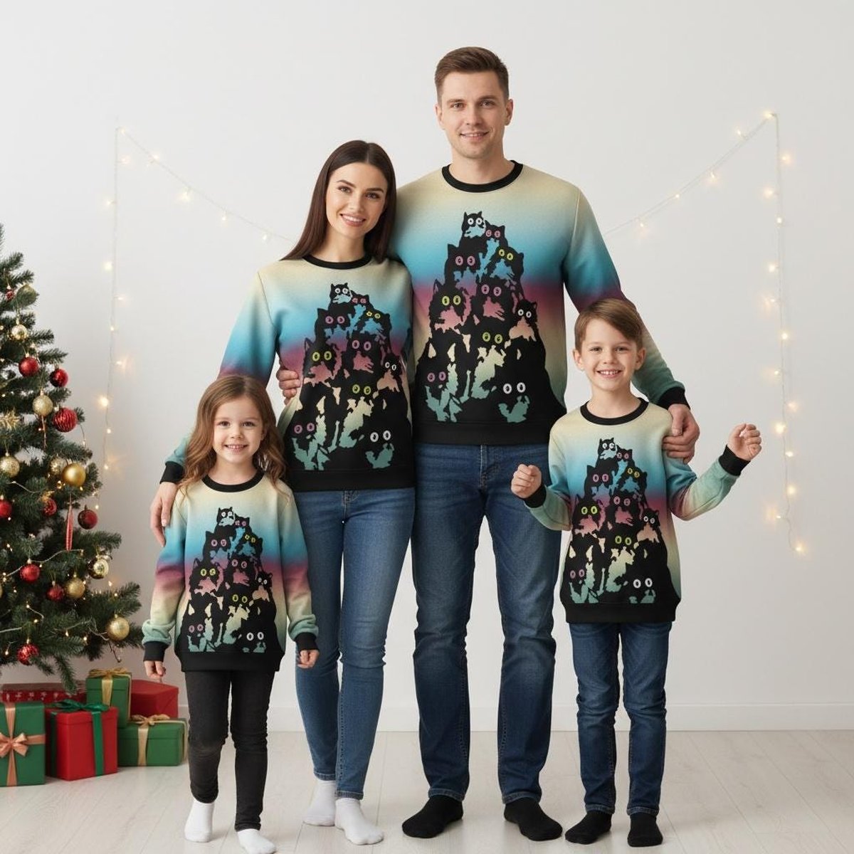 Colorful Cat Pile Pattern Ugly Christmas Sweater Funny Cat Lovers Jumper