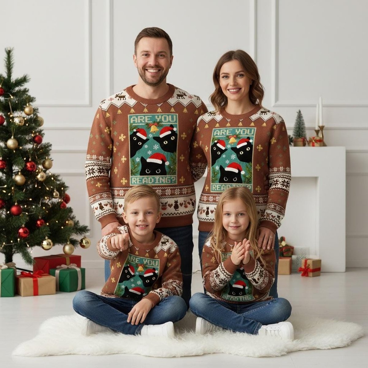 Black Cats Reading Christmas Brown Ugly Sweater Are You Reading Holiday Knit Jumper