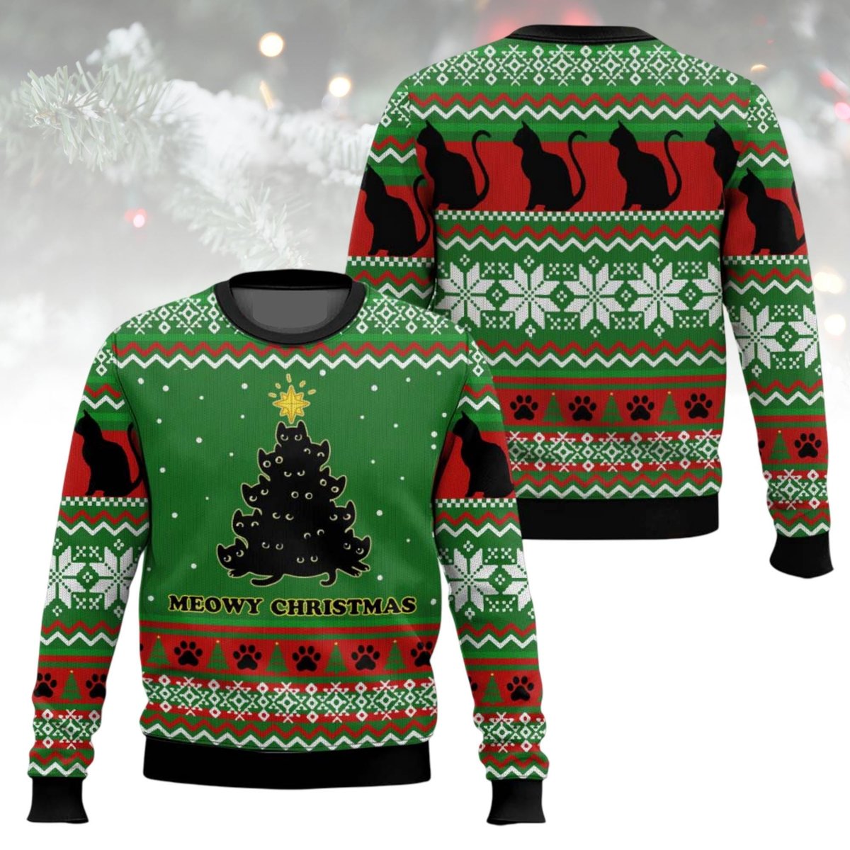 Meowy Christmas Cat Tree Ugly Christmas Sweater Funny Cat Lover Holiday Knit Jumper