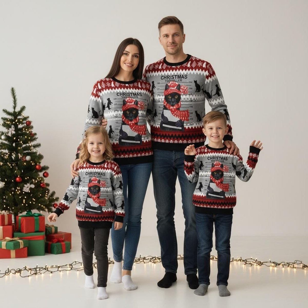 Christmas Tree Killer Black Cat Funny Ugly Christmas Sweater Red Grey Jumper