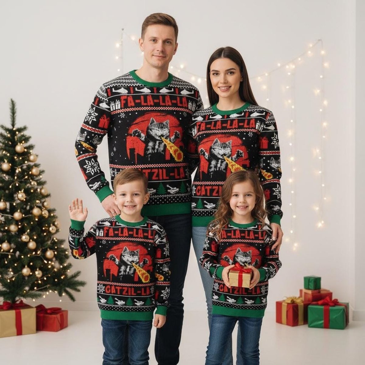 Fa-La-La-La Gatzilla Ugly Christmas Sweater Funny Catzilla Cat Lover Holiday Knit Jumper