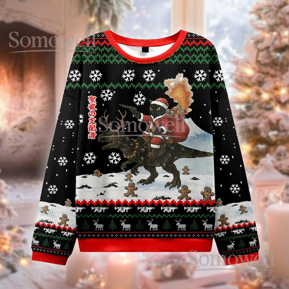 Santa Riding T Rex Ugly Christmas Sweater Funny Cat Lovers Dinosaur Holiday Gift