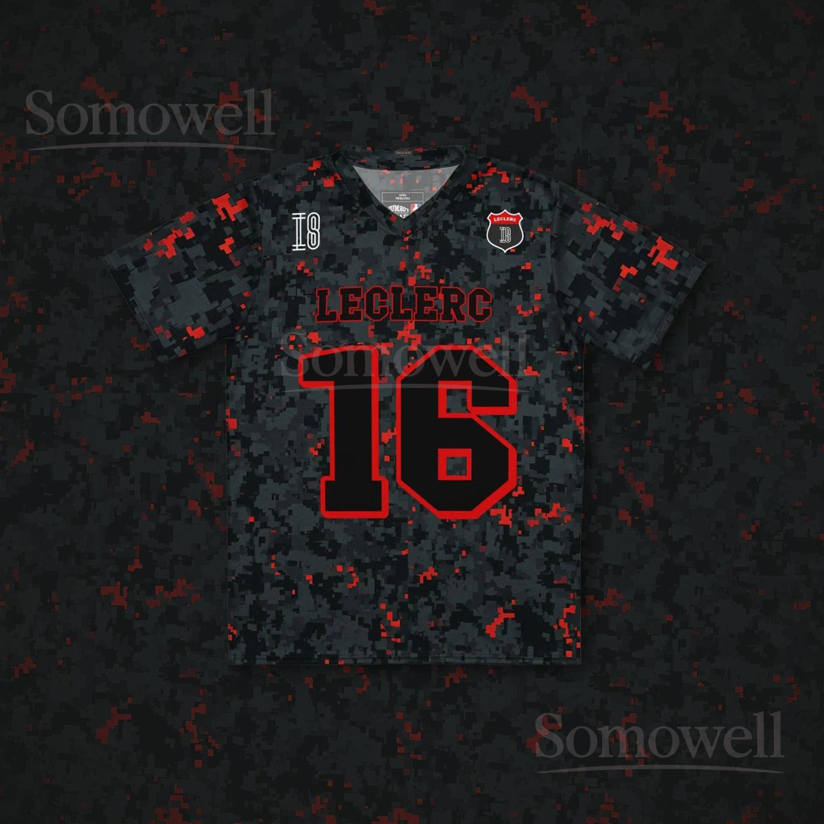 Custom Charles Leclerc Ferrari F1 Camo Football Jersey Shirt for Racing Fans Red and Black Recycled Polyester Motorsport Style