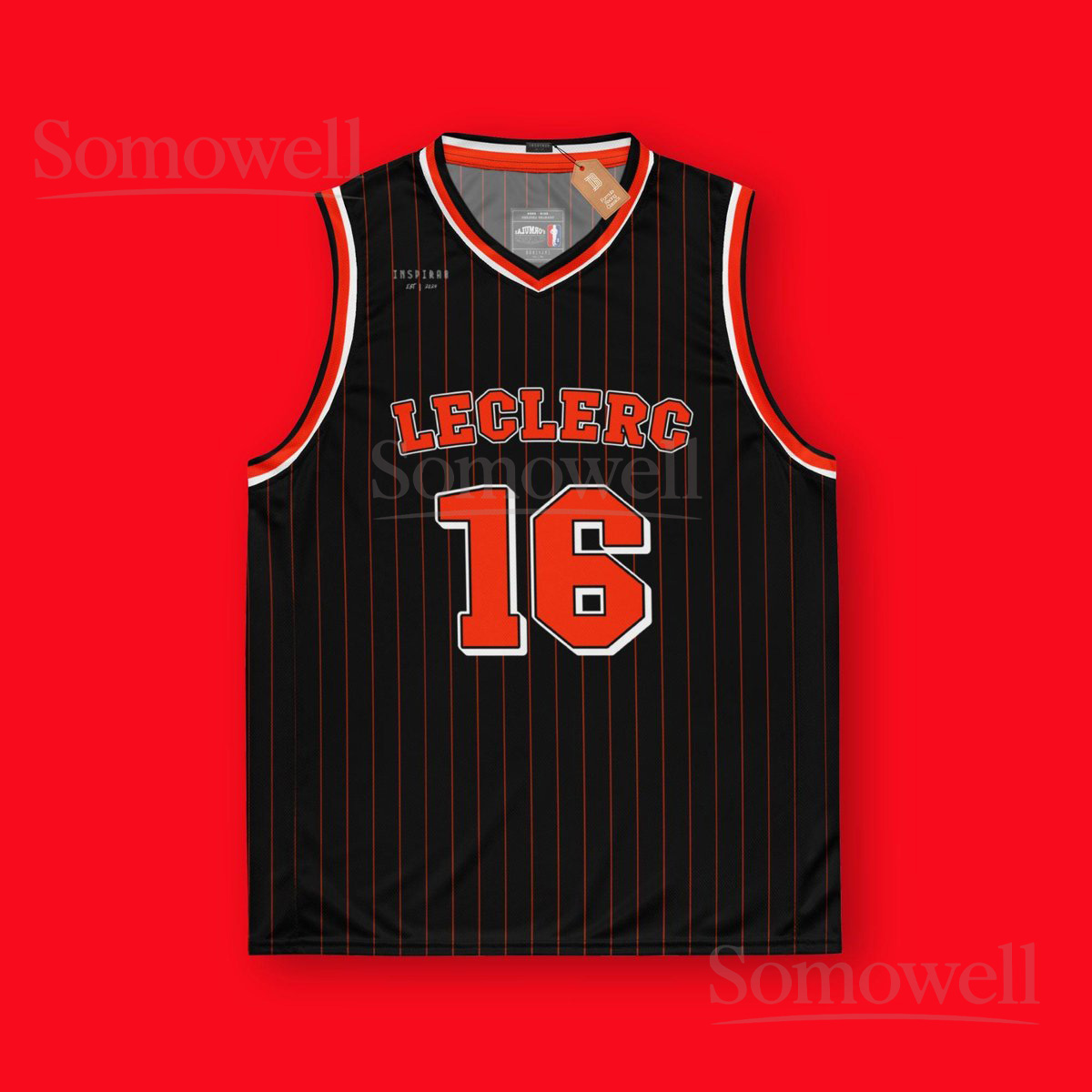 Custom Charles Leclerc Ferrari F1 Basketball Jersey Shirt for Formula 1 Fans Black and Red Pinstripe Recycled Polyester Outfit