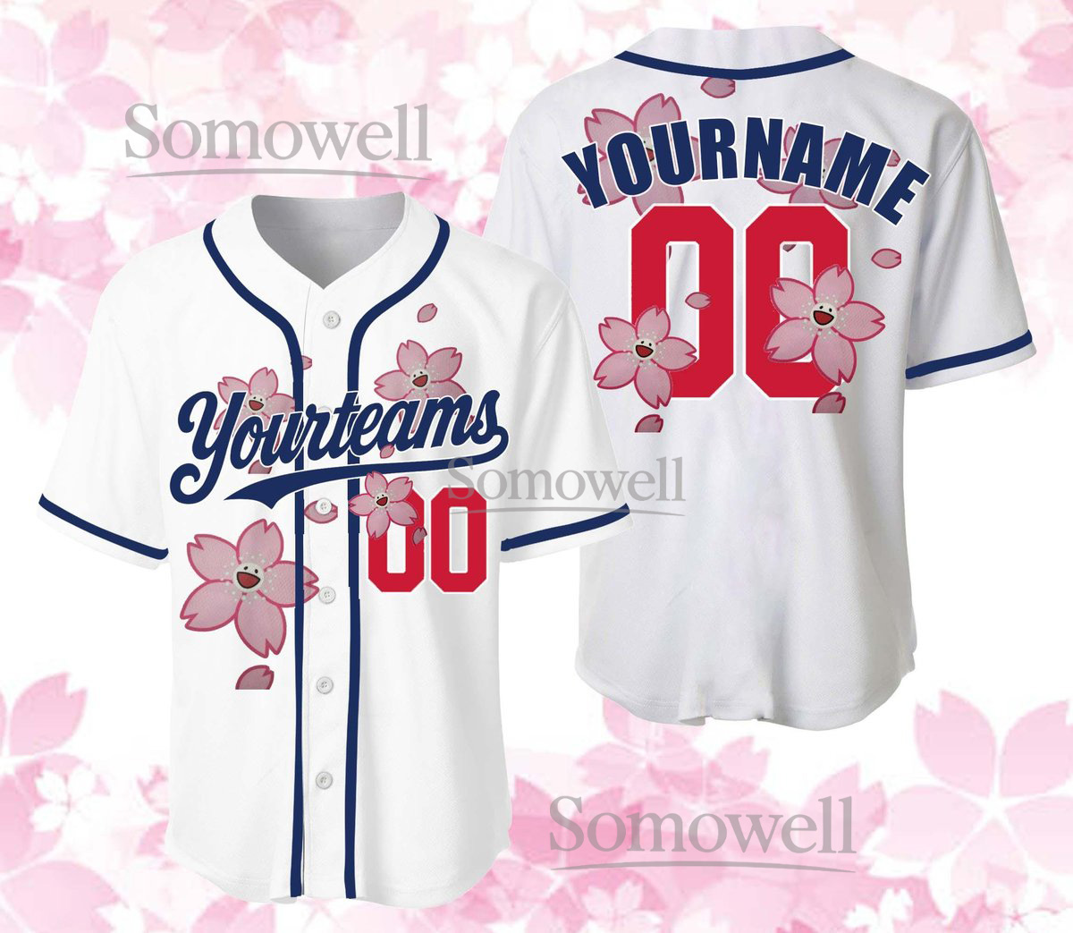Cherry Blossom Baseball Jersey Design Personalized Name Number Gift for Adult Kid