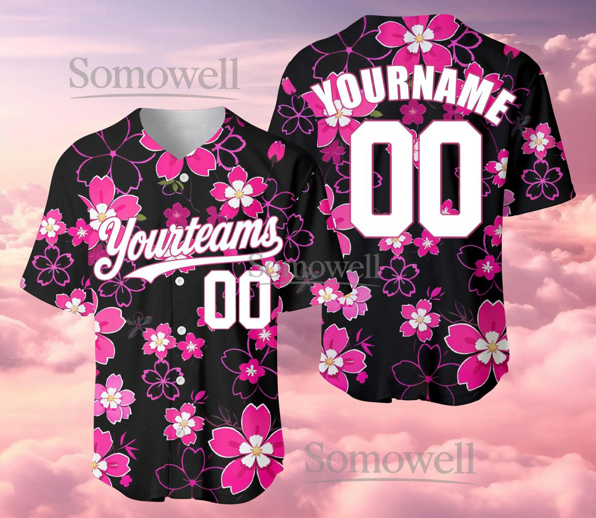Cherry Blossom Baseball Jersey Black Pink Floral Print Custom Team Name Number Shirt