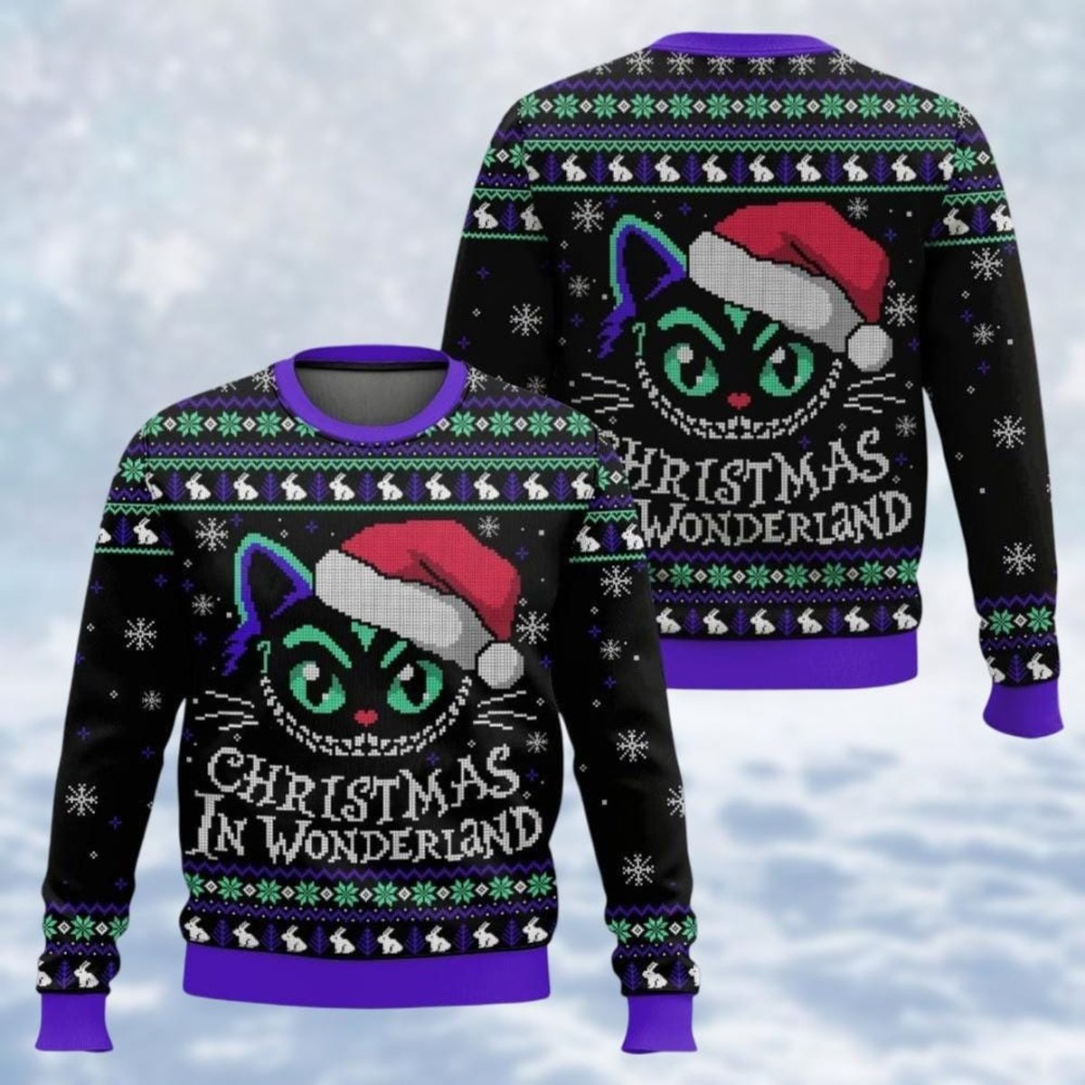 Cheshire Cat Black Christmas Ugly Sweater Wonderland Cat Lover Holiday Knit Jumper