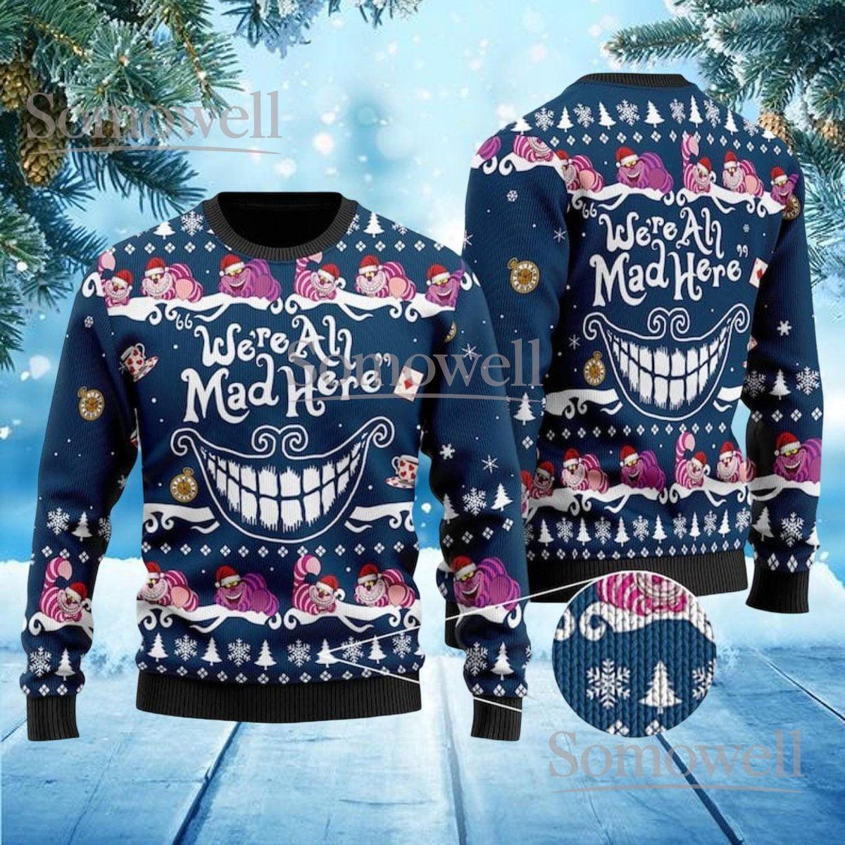 Cheshire Cat Christmas Blue Ugly Sweater Were All Mad Here Fantasy Holiday Knit Jumper