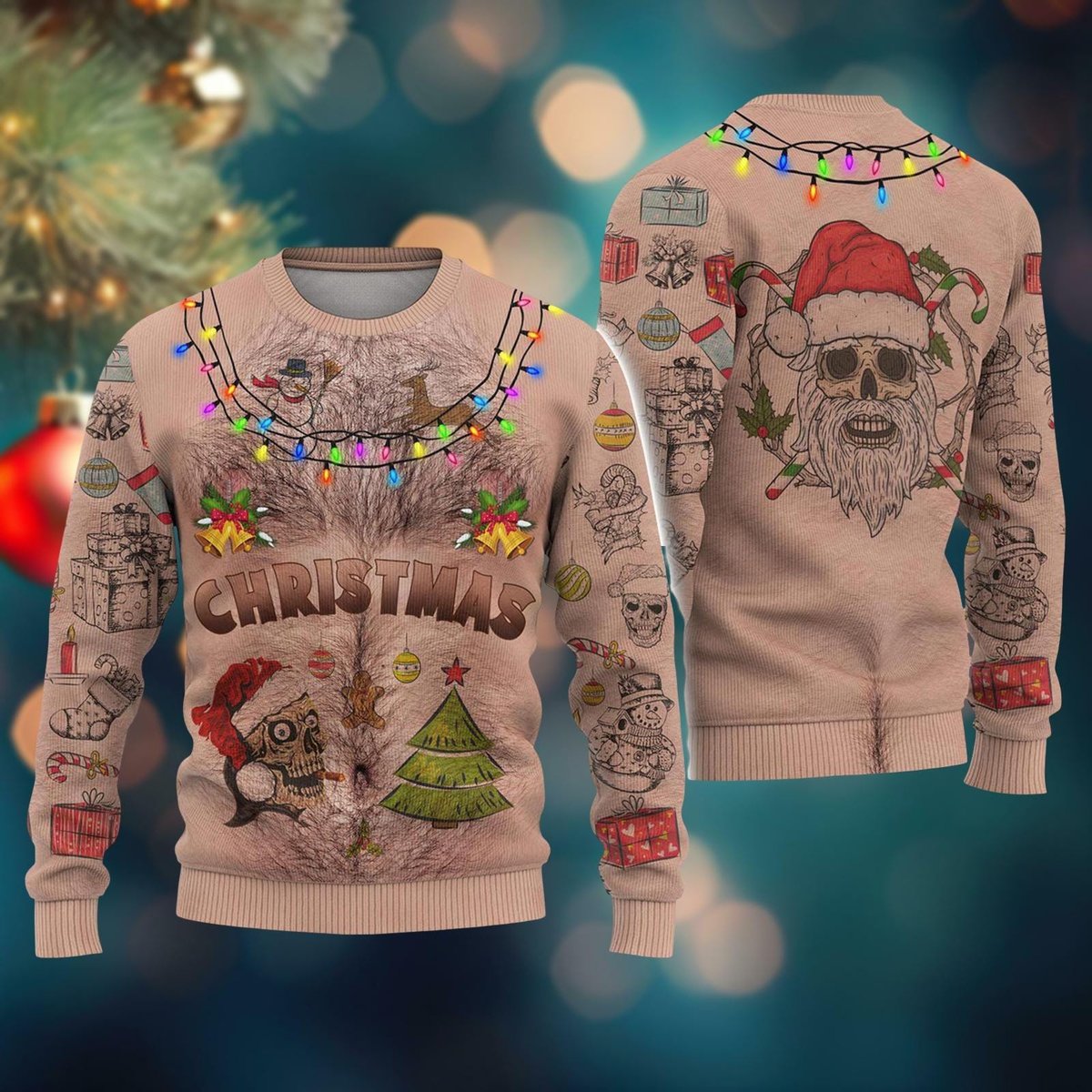 Funny Chest Hair Christmas Ugly Sweater Tattoo Santa Skull Beard Holiday Knit Jumper