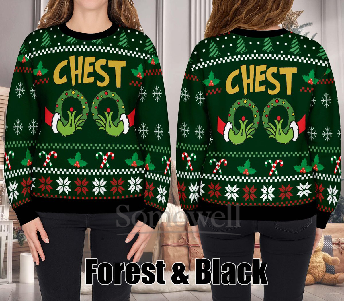 Chest Nuts Funny Grinch Ugly Christmas Sweater Green Holiday Knit Jumper Gift