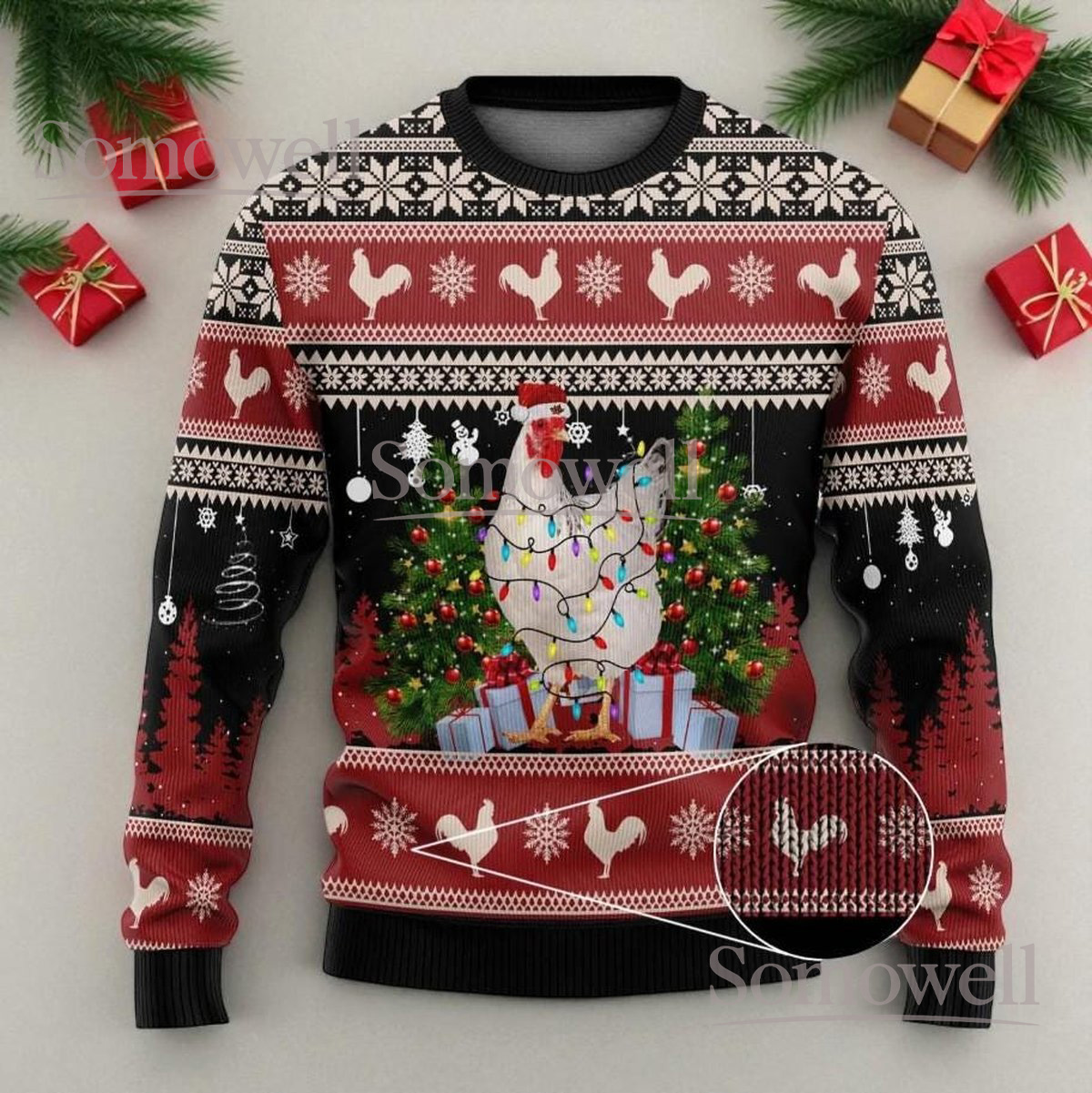 Chicken Farm Red Christmas Ugly Sweater Festive Poultry Lights Holiday Knit Jumper
