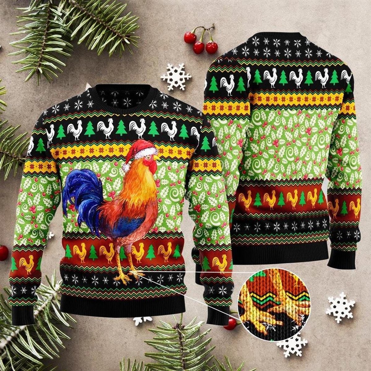 Christmas Rooster Chicken Ugly Christmas Sweater Funny Santa Hat Farm Animal Knit Jumper