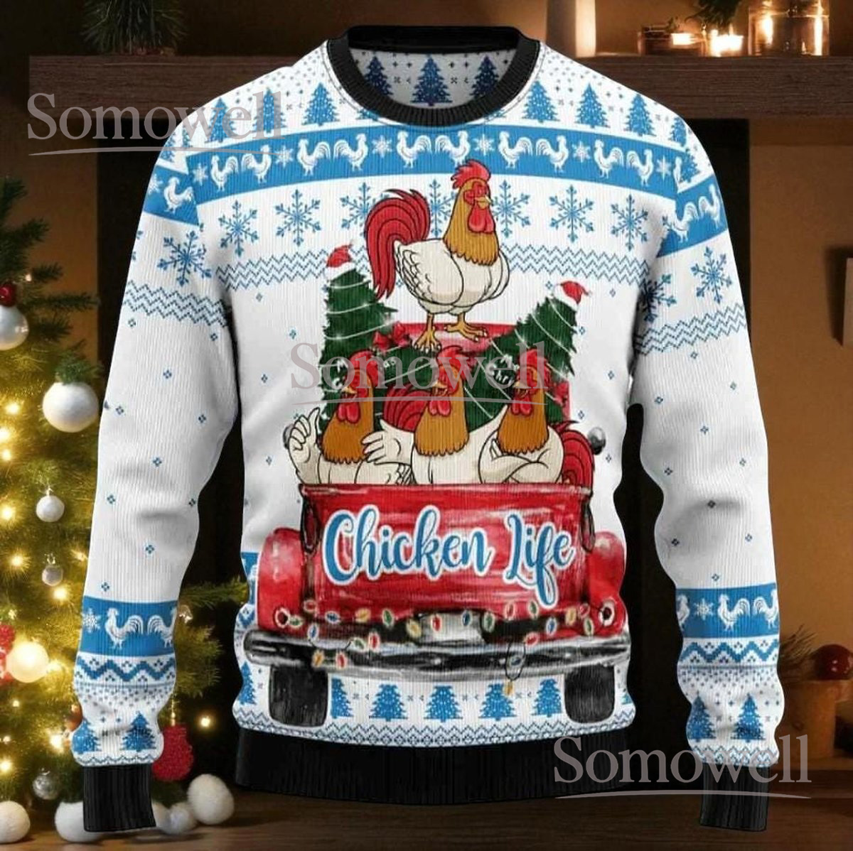 Chicken Life Blue White Christmas Ugly Sweater Farm Animal Funny Holiday Knit Jumper