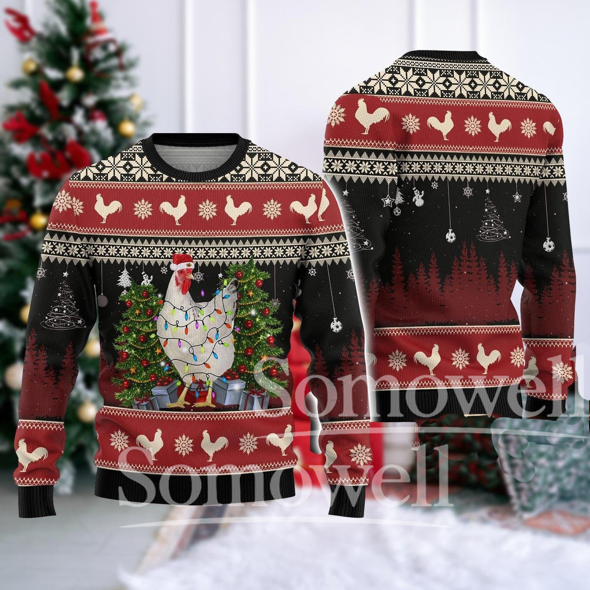 Chicken Ugly Christmas Sweater Funny Farm Hen Holiday Knit Pullover for Animal Lovers