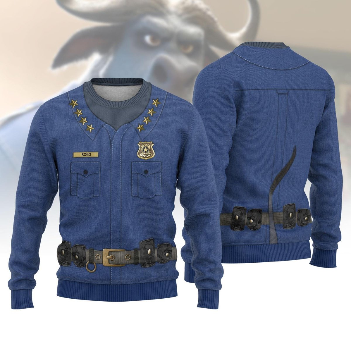Chief Bogo Blue Christmas Ugly Sweater Police Uniform Cosplay Holiday Knit Jumper