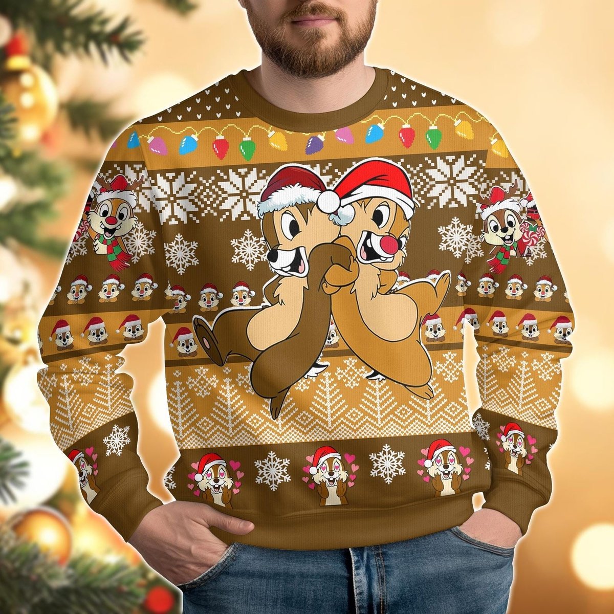 Chip and Dale Brown Ugly Christmas Sweater Funny Cartoon Holiday Knit Jumper