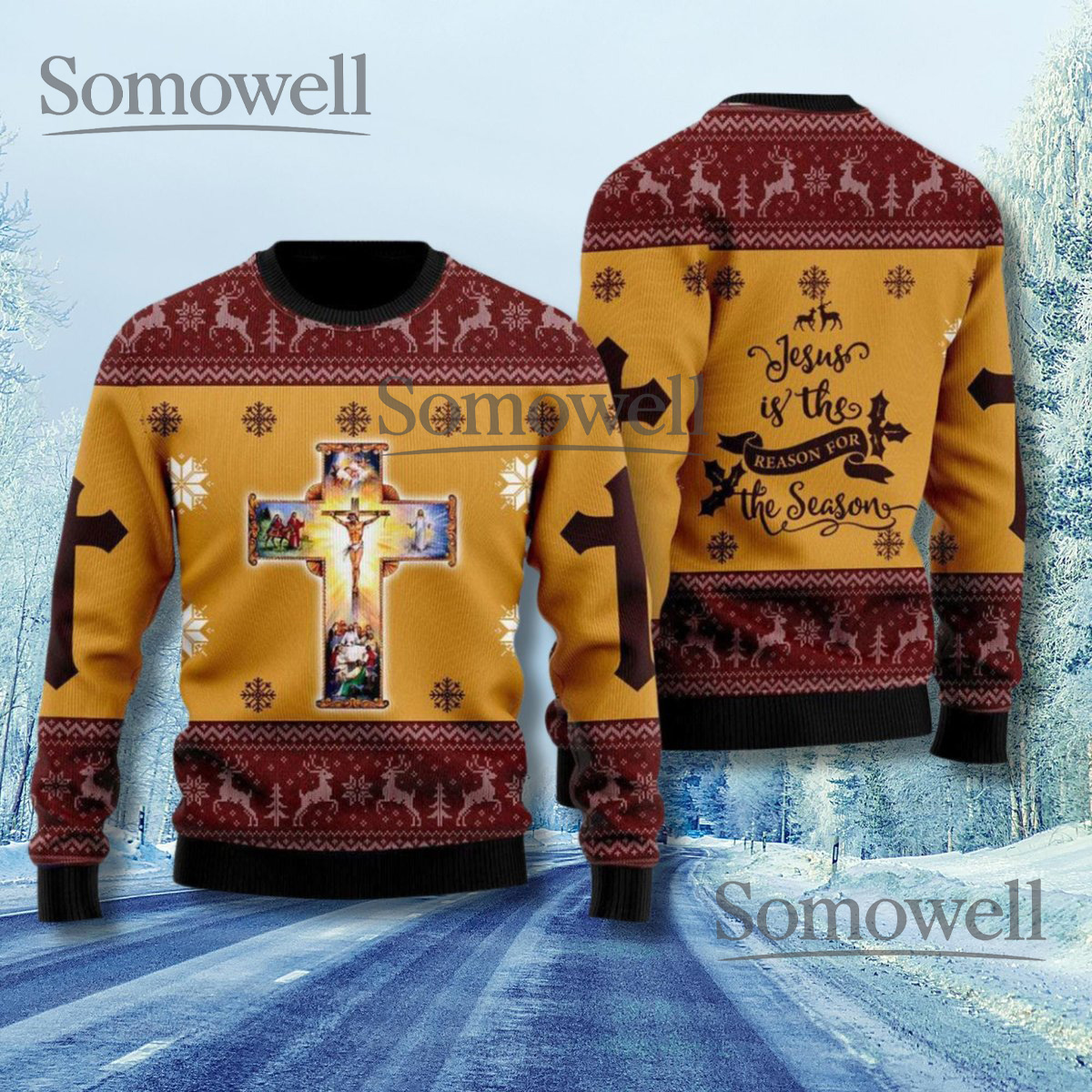 Nativity Cross Yellow Ugly Christmas Sweater Christian Faith Religious Holiday Knit Jumper