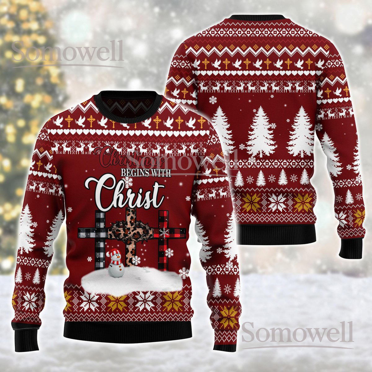 Christ Cross Red Christmas Ugly Sweater Faith Quote Religious Holiday Knit Jumper