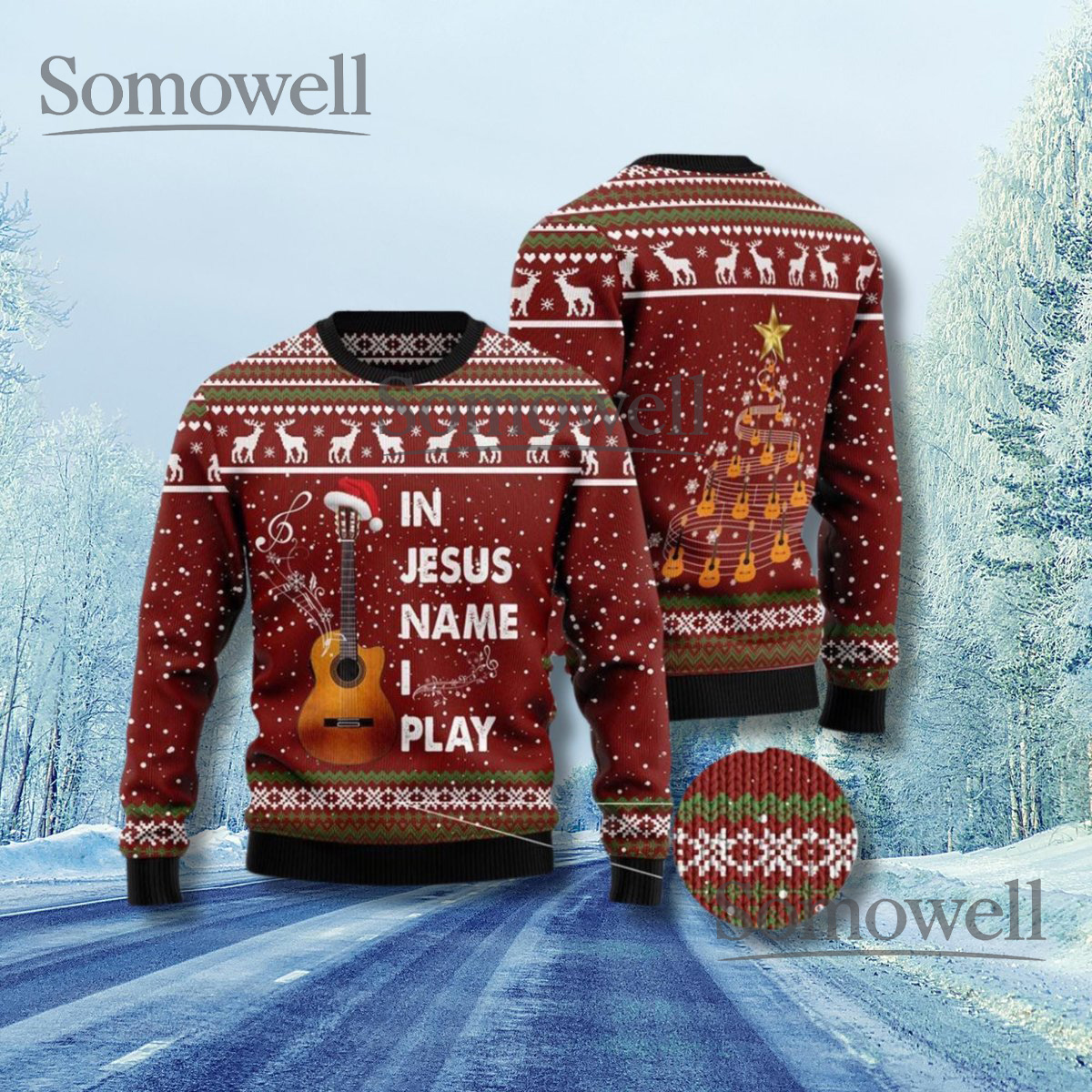 Christian Guitar Christmas Sweater quotIn Jesus Name I Playquot Holiday Pullover