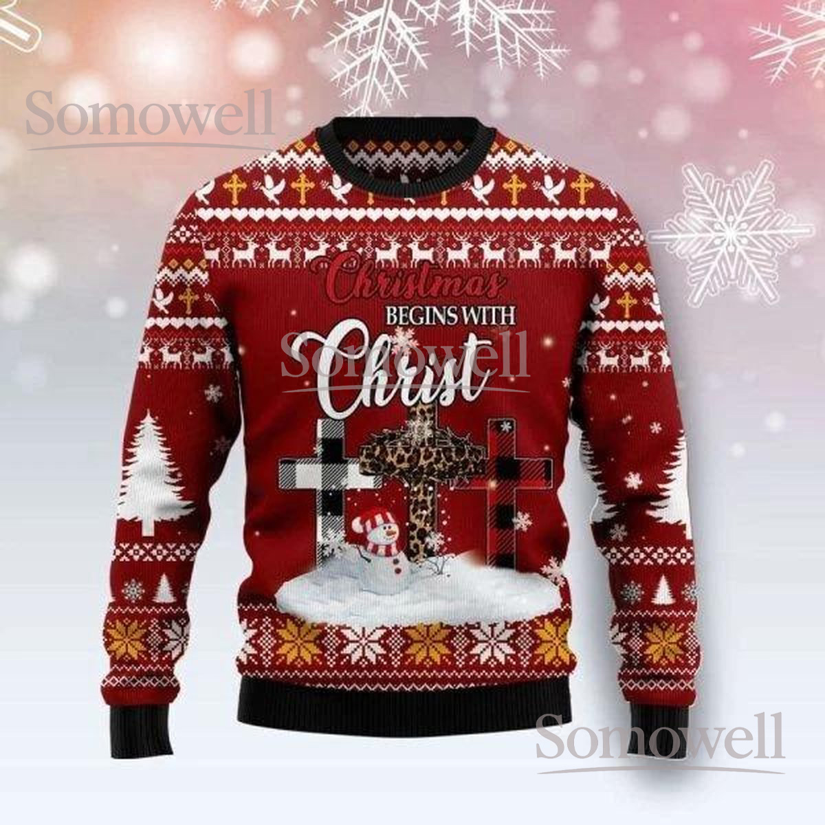 Christian Christmas Red Ugly Sweater Christmas Begins With Christ Faith Cross Religious Holiday Knit Jumper