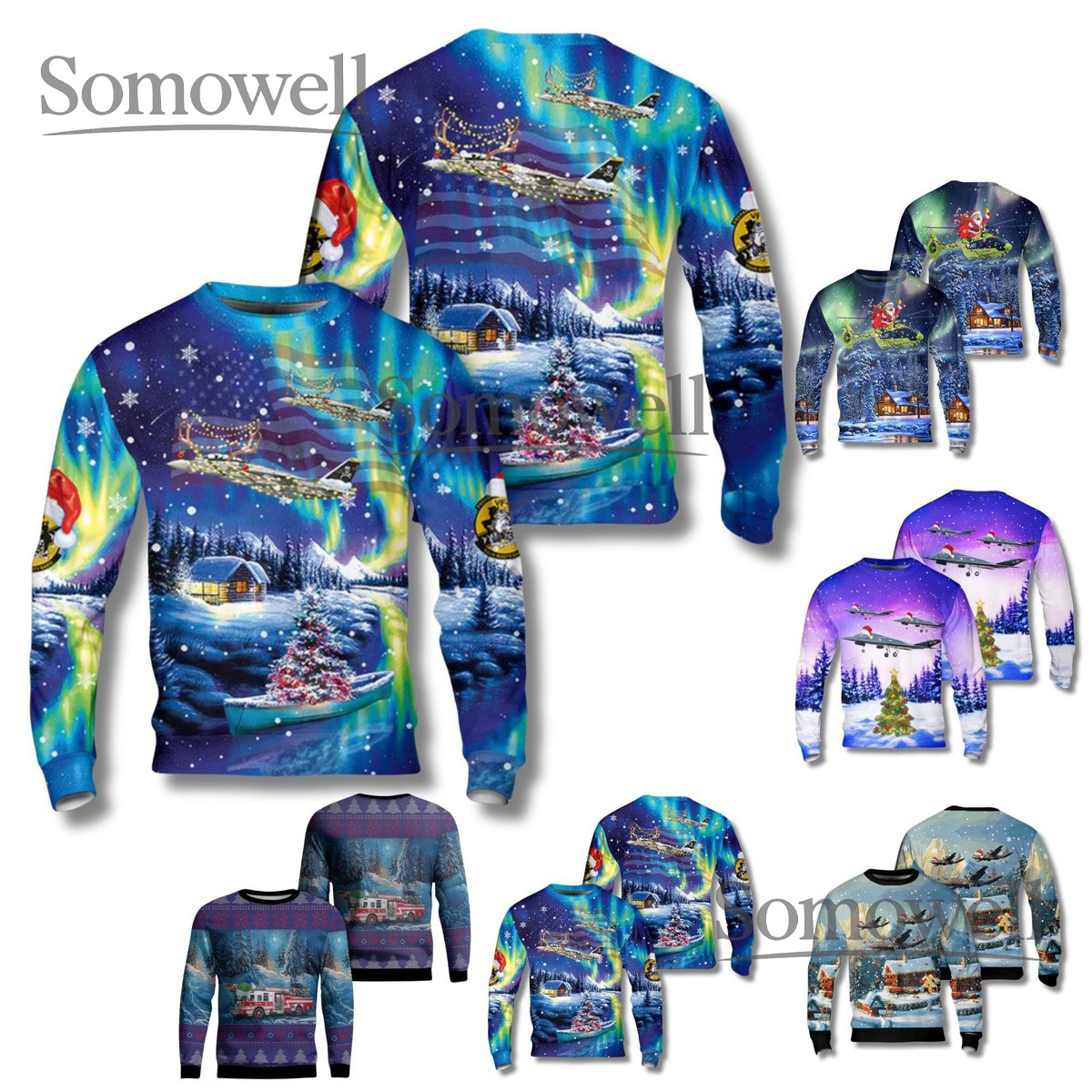 Airplane Flying Over Village Christmas Sweater Northern Lights Winter Scene