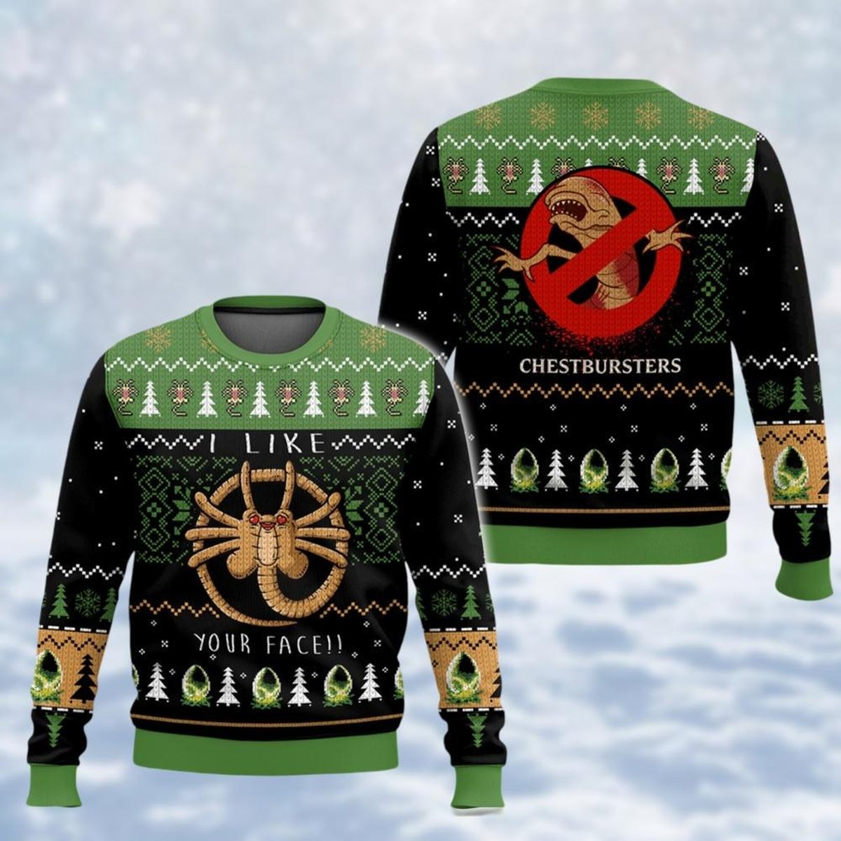 Alien Facehugger Green Christmas Ugly Sweater Sci Fi Monster Holiday Knit Jumper