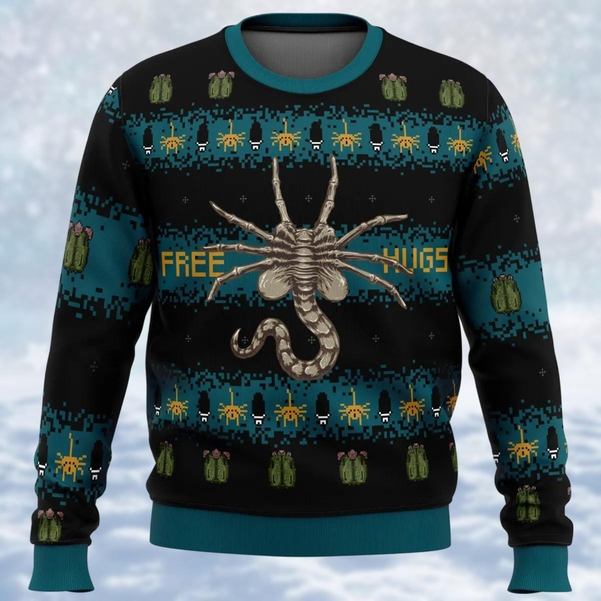 Free Hugs Alien Blue Christmas Ugly Sweater Sci Fi Humor Holiday Knit Jumper