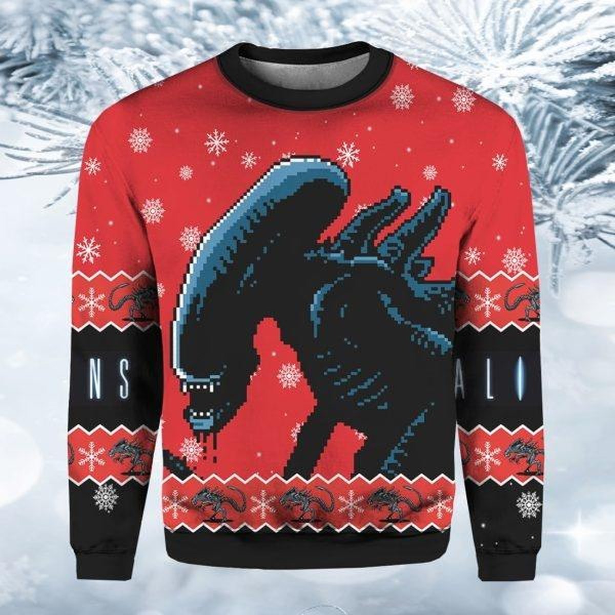 Alien Xenomorph Red Ugly Christmas Sweater Retro Sci Fi Movie Holiday Knit Jumper