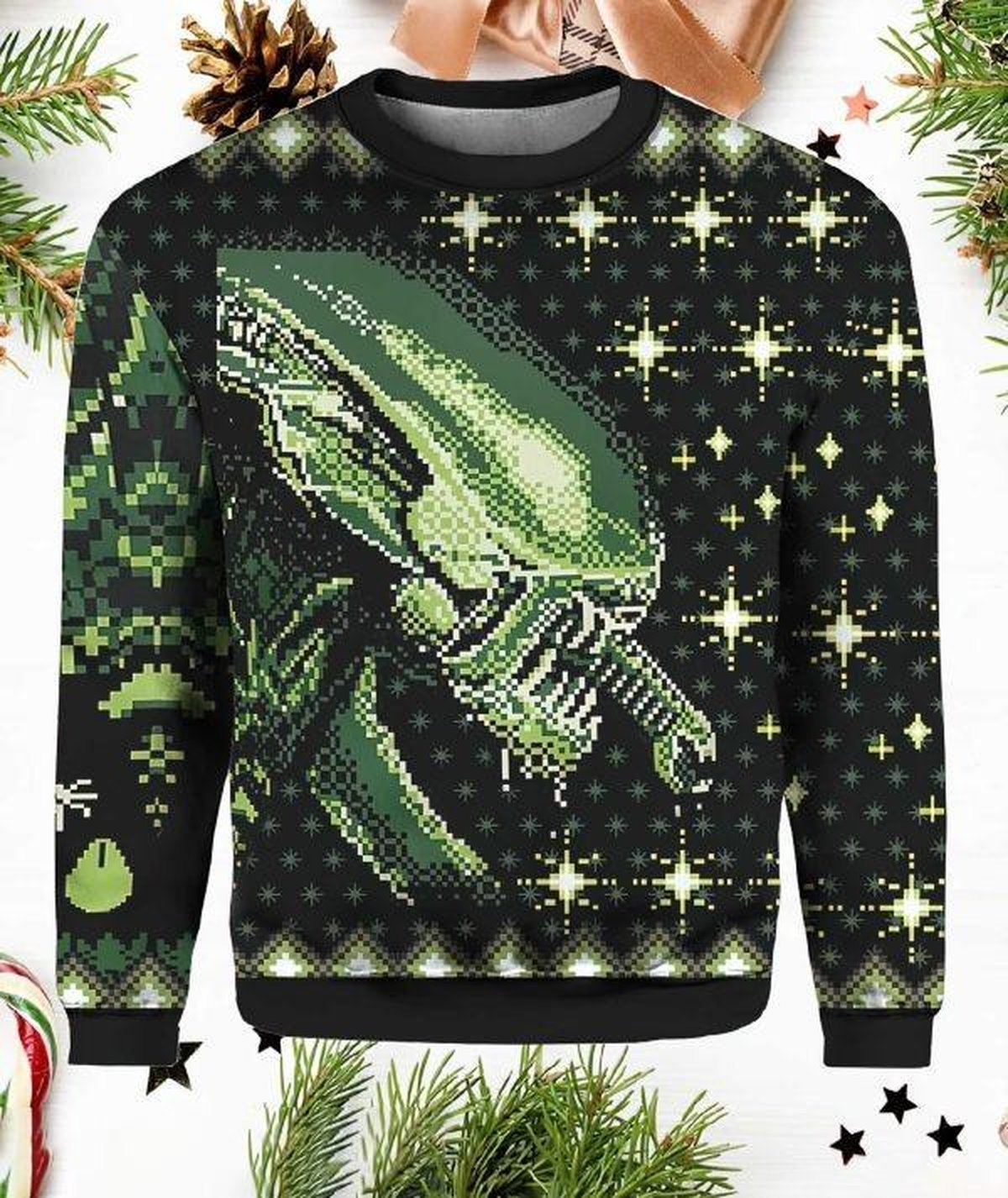 Green Alien Xenomorph Christmas Ugly Sweater Retro Sci Fi Monster Holiday Knit Jumper