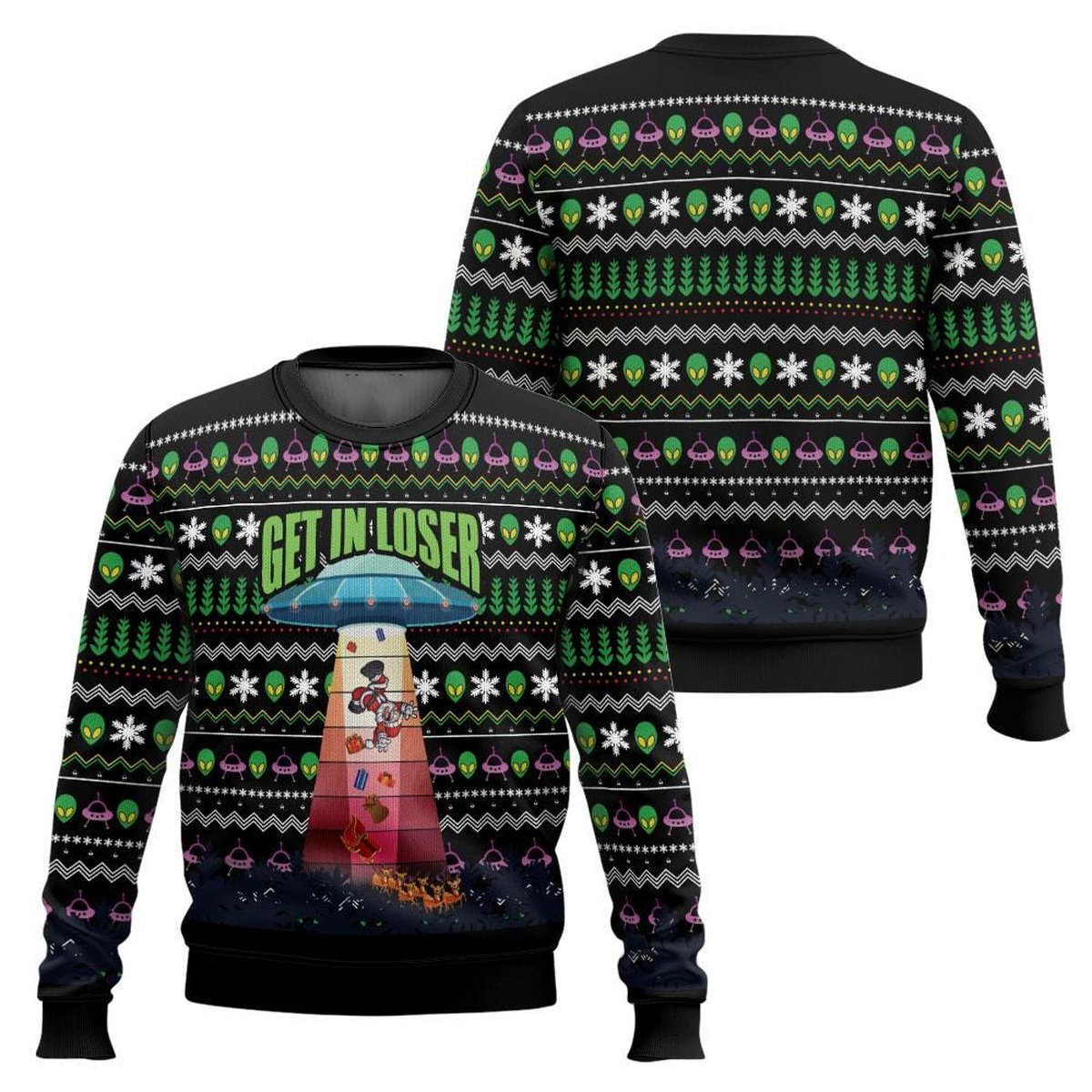 Get In Loser Alien Abduction Black Ugly Christmas Sweater Funny UFO Holiday Knit Jumper