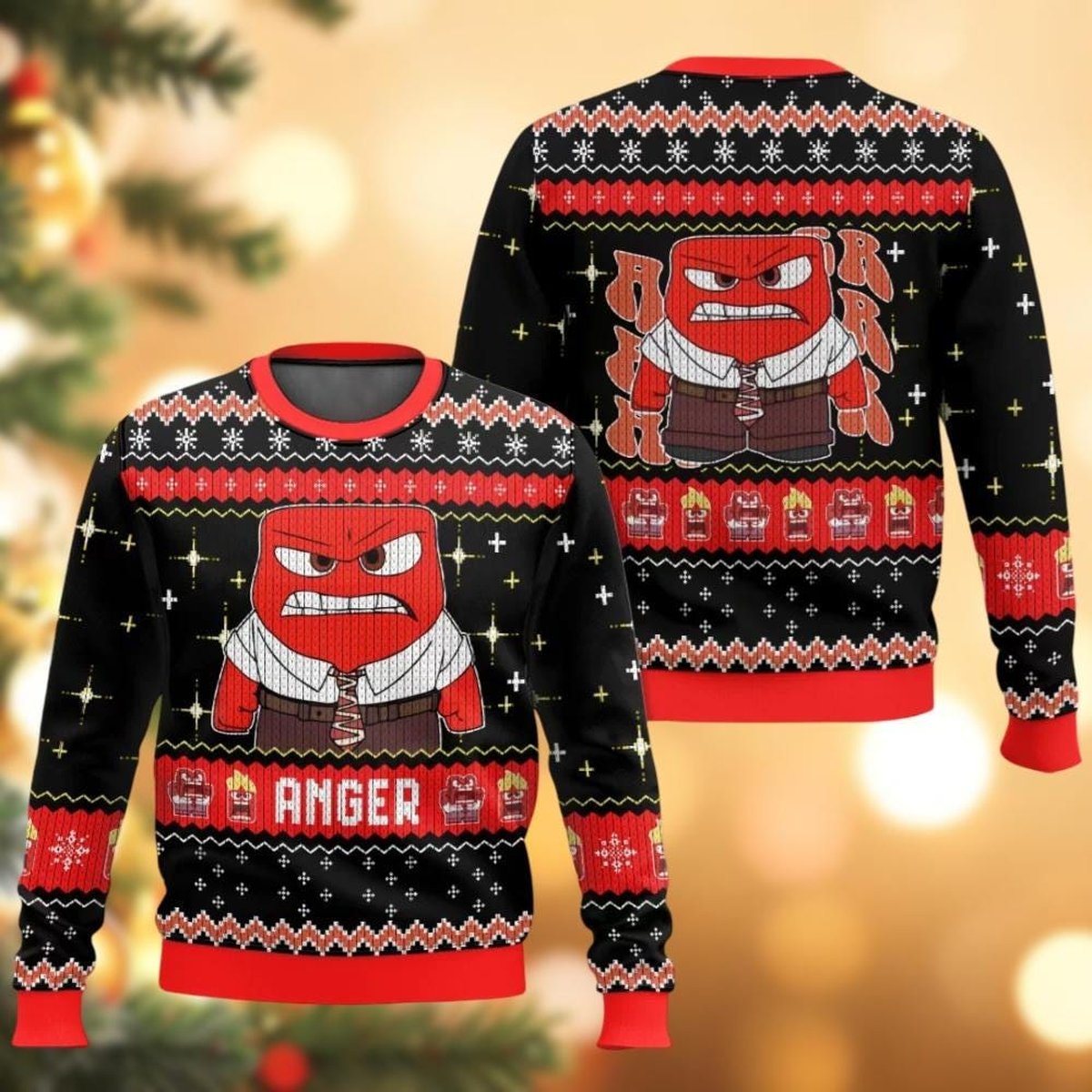 Anger Inside Out Black Ugly Christmas Sweater Funny Cartoon Holiday Knit Jumper