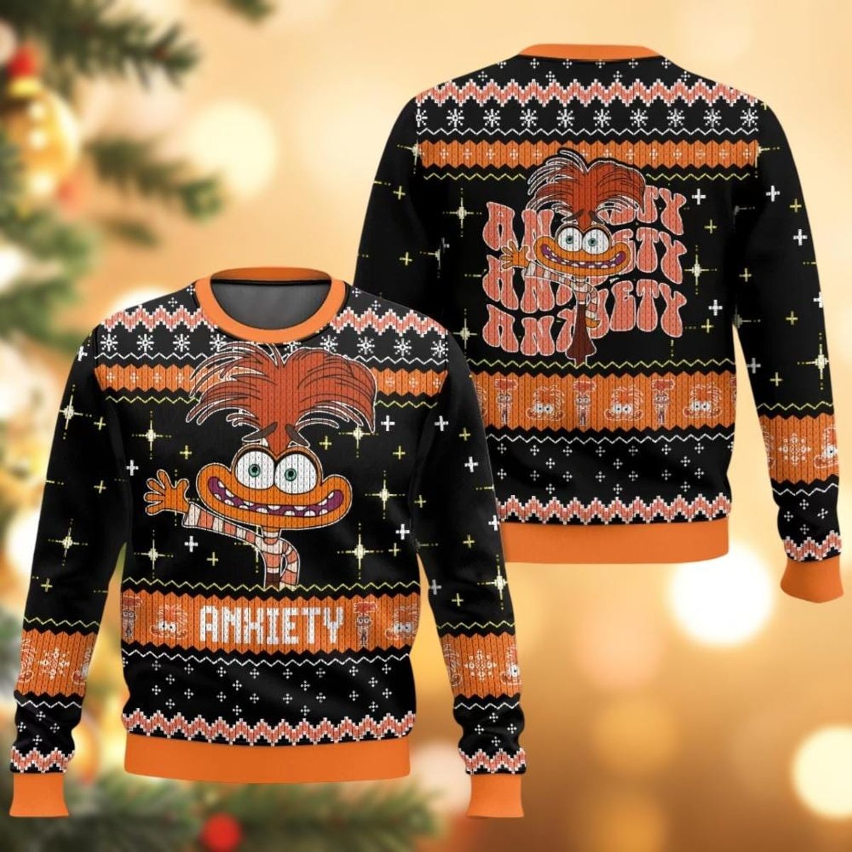 Anxiety Inside Out Black Ugly Christmas Sweater Funny Cartoon Holiday Knit Jumper