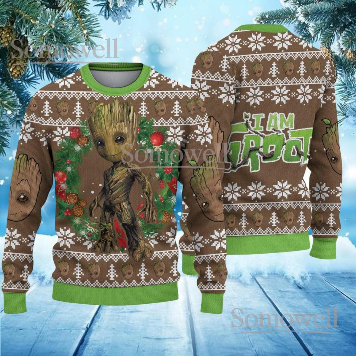 Baby Groot Christmas Brown Ugly Sweater I Am Groot Funny Sci-Fi Holiday Knit Jumper