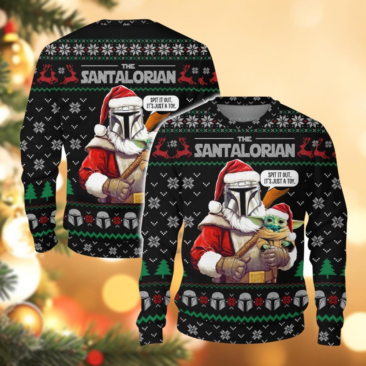 The Santalorian Black Ugly Christmas Sweater Funny Mandalorian and Baby Yoda Holiday Knit Jumper
