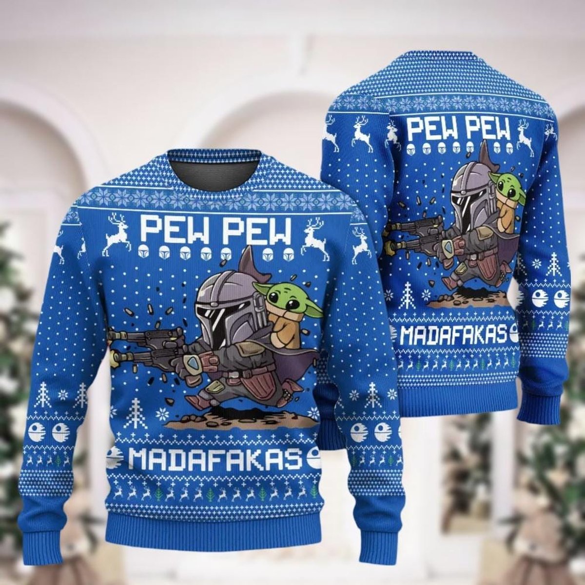 Mandalorian Blue Christmas Ugly Sweater Pew Pew Madafakas Funny Star Wars Knit Jumper